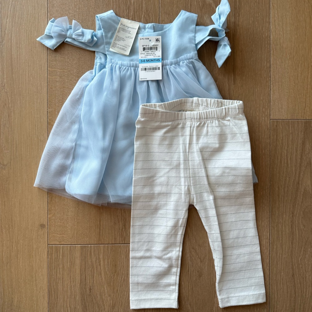 NWT First Impression baby girls legging & dress set, blue tulle bow sleeves